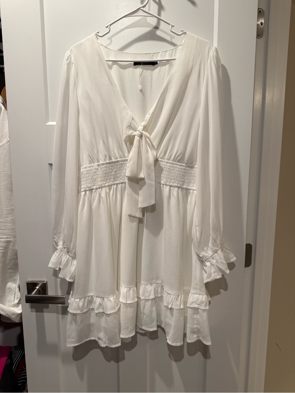 Women's White Tie-Front Ruffle Tunic Dress